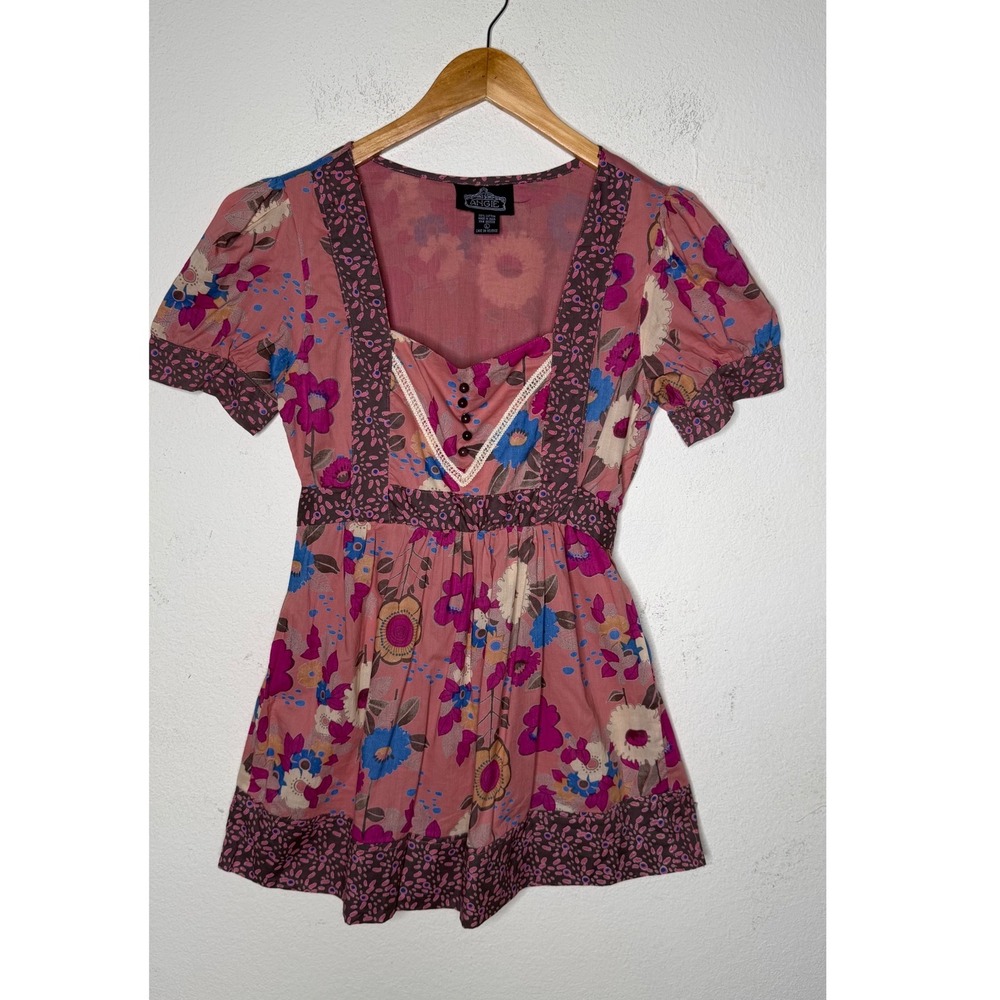 Angie Womens Babydoll Tunic Top M Pink  Floral 90s Boho Blouse Cottagecore Y2K